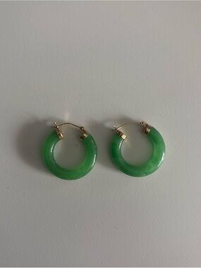 Green Jade Hoop Earrings with Gold Accents